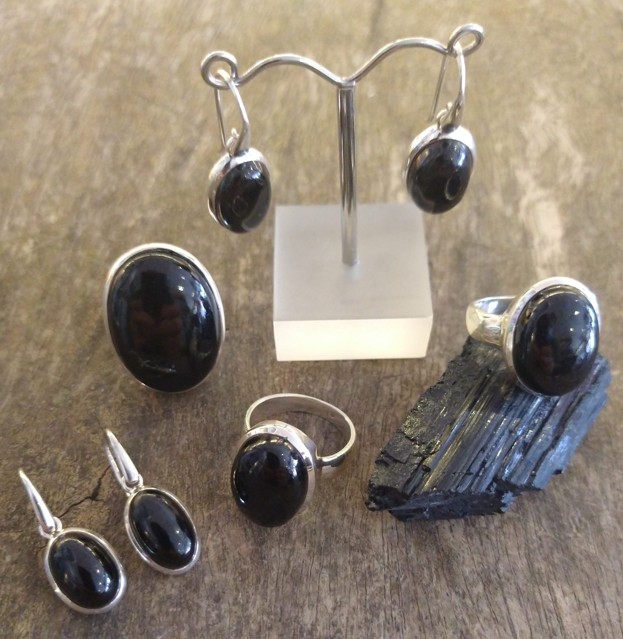 Black Tourmaline Jewellery: Cut & Polished Natural Crystals Set in 925 Sterling Silver