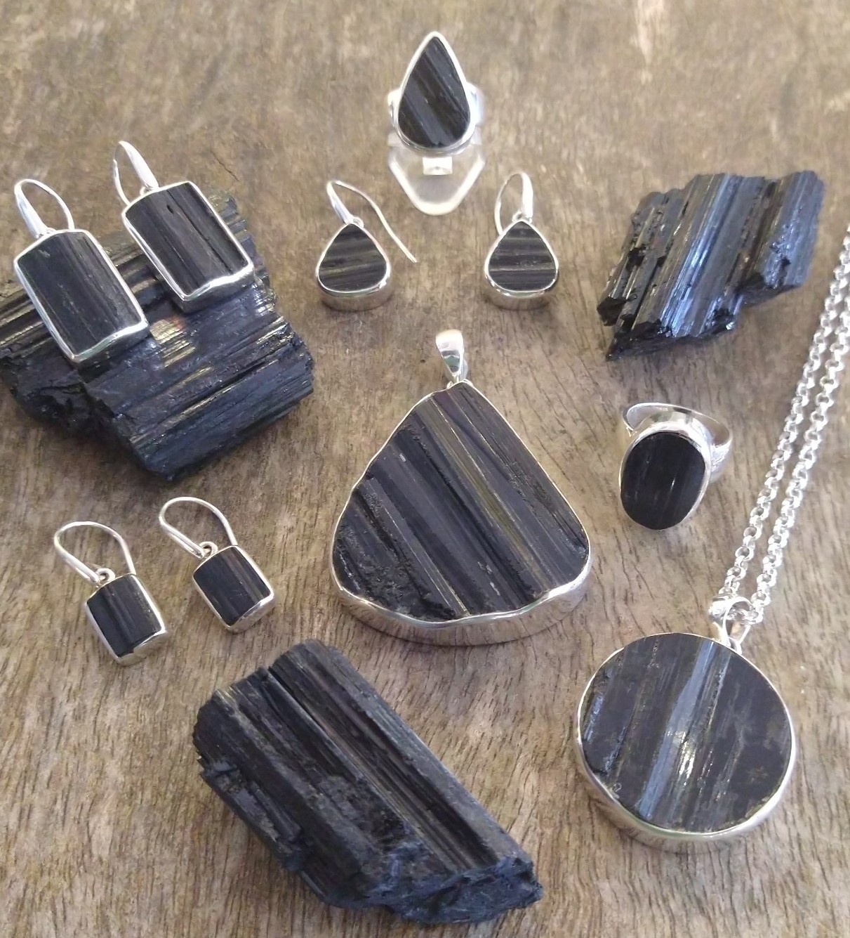 Black Tourmaline Jewellery: Cut Natural Raw Crystals Set in 925 Sterling Silver