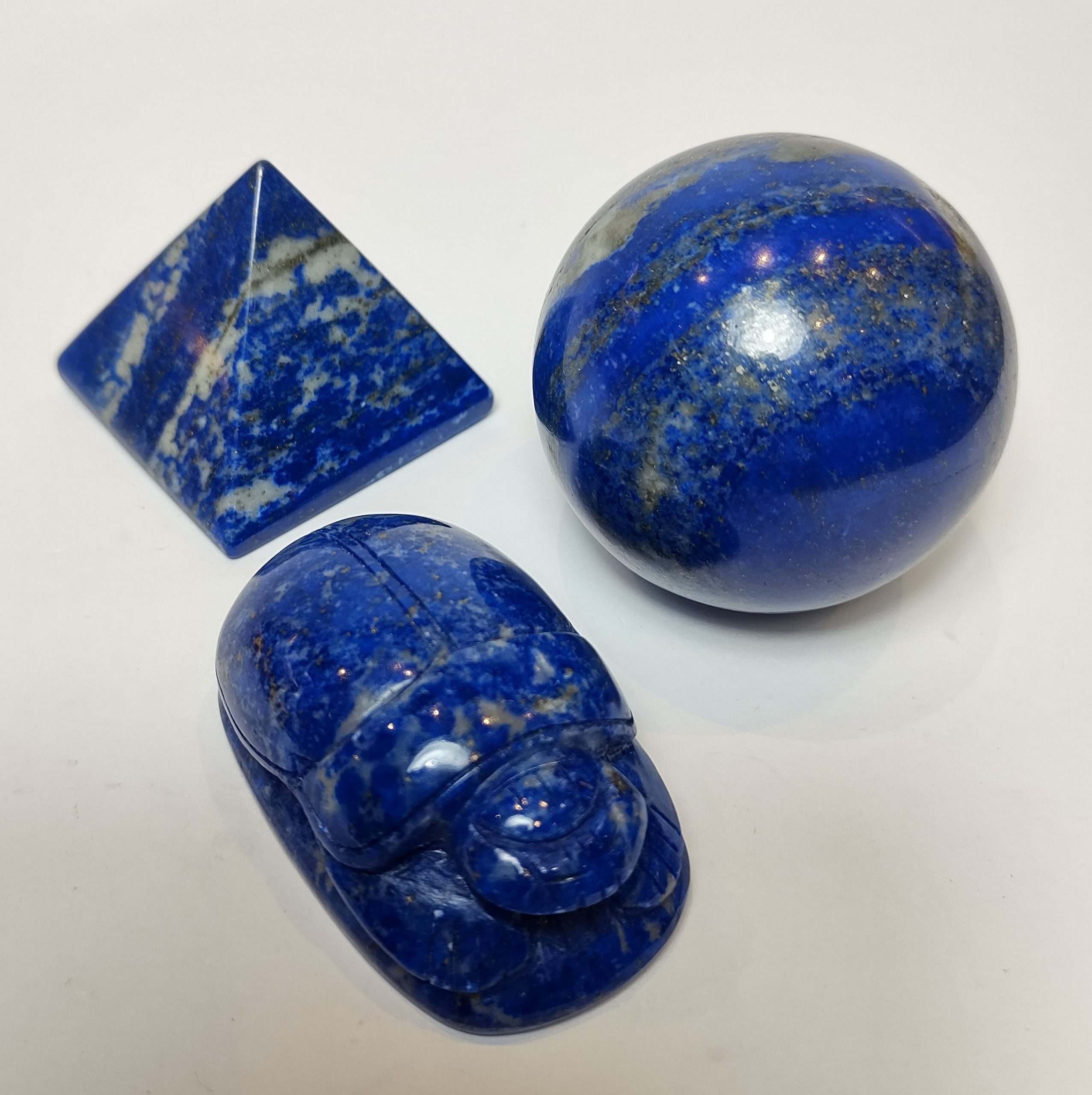 Natural Crystal: Cut & Polished Lapis Lazuli Sphere, Pyramid, & Hand Carved Scarab