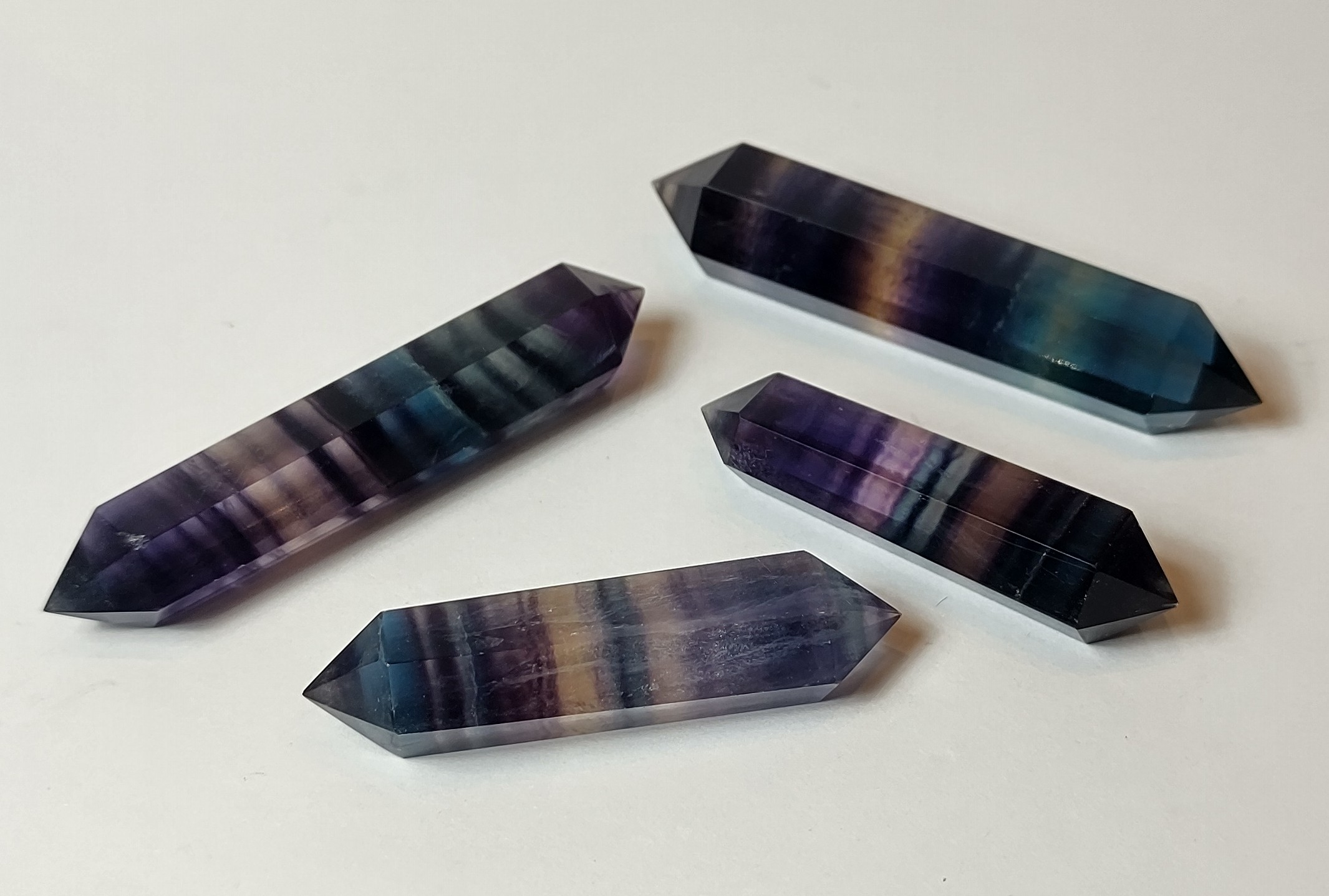 Natural Crystals: Cut & Polished Rainbow Fluorite Double Terminated Wands (Two Sizes Available)
