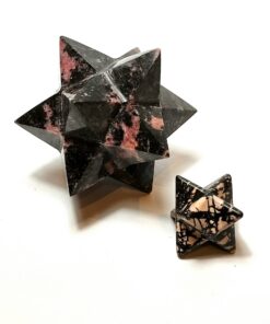 Natural crystals: hand carved and polished Rhodonite dodecahedron (ten pointed star) and Merkabah
