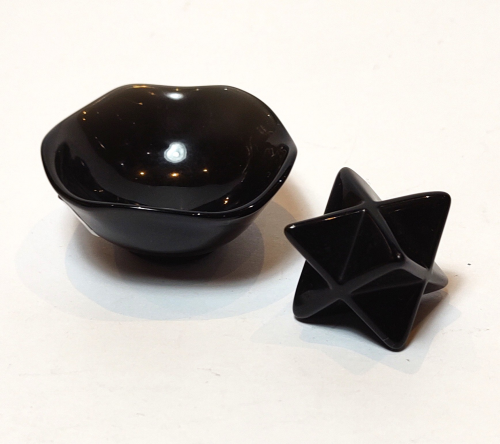 Natural crystals: Cut and polished Black Obsidian bowl and Merkabah