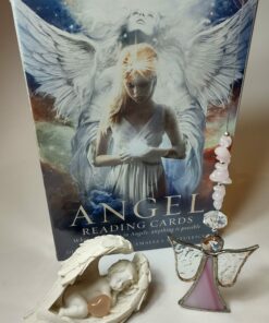 Angel Reading Cards + Australian Made Stain Glass & Rose Quartz Angel Suncatcher+ Cherub Statue + Hand Cut & Polished Rose Quartz Puff Heart Gift Set (beautifully gift-wrapped free of charge)