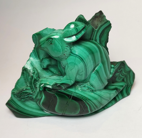 Natural Crystal: Hand Carved & Polished Malachite Hare (Approx 13x10x6cm)