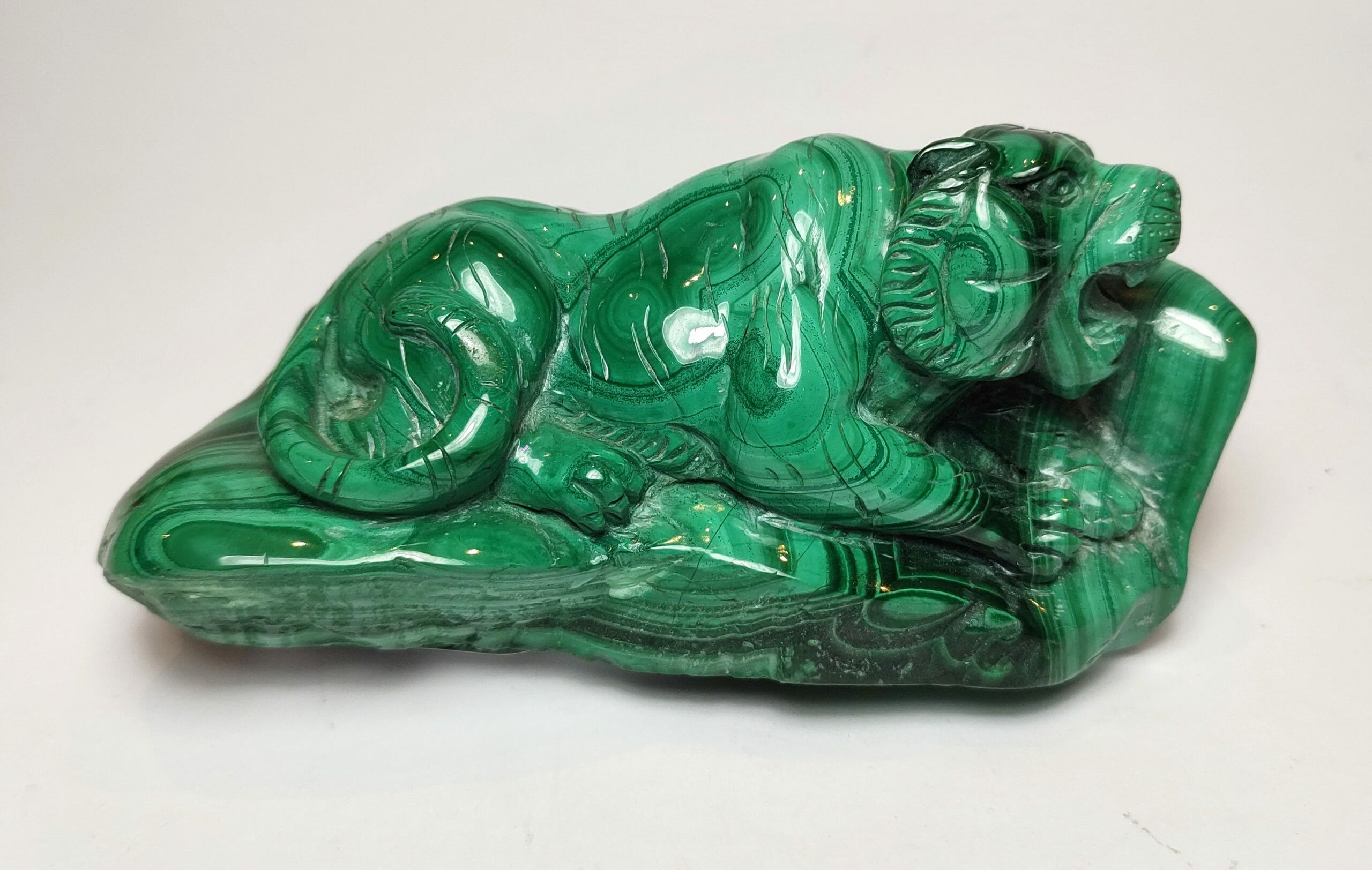 Natural Crystal: Hand Carved & Polished Malachite Tiger (Approx 13x9x5cm)