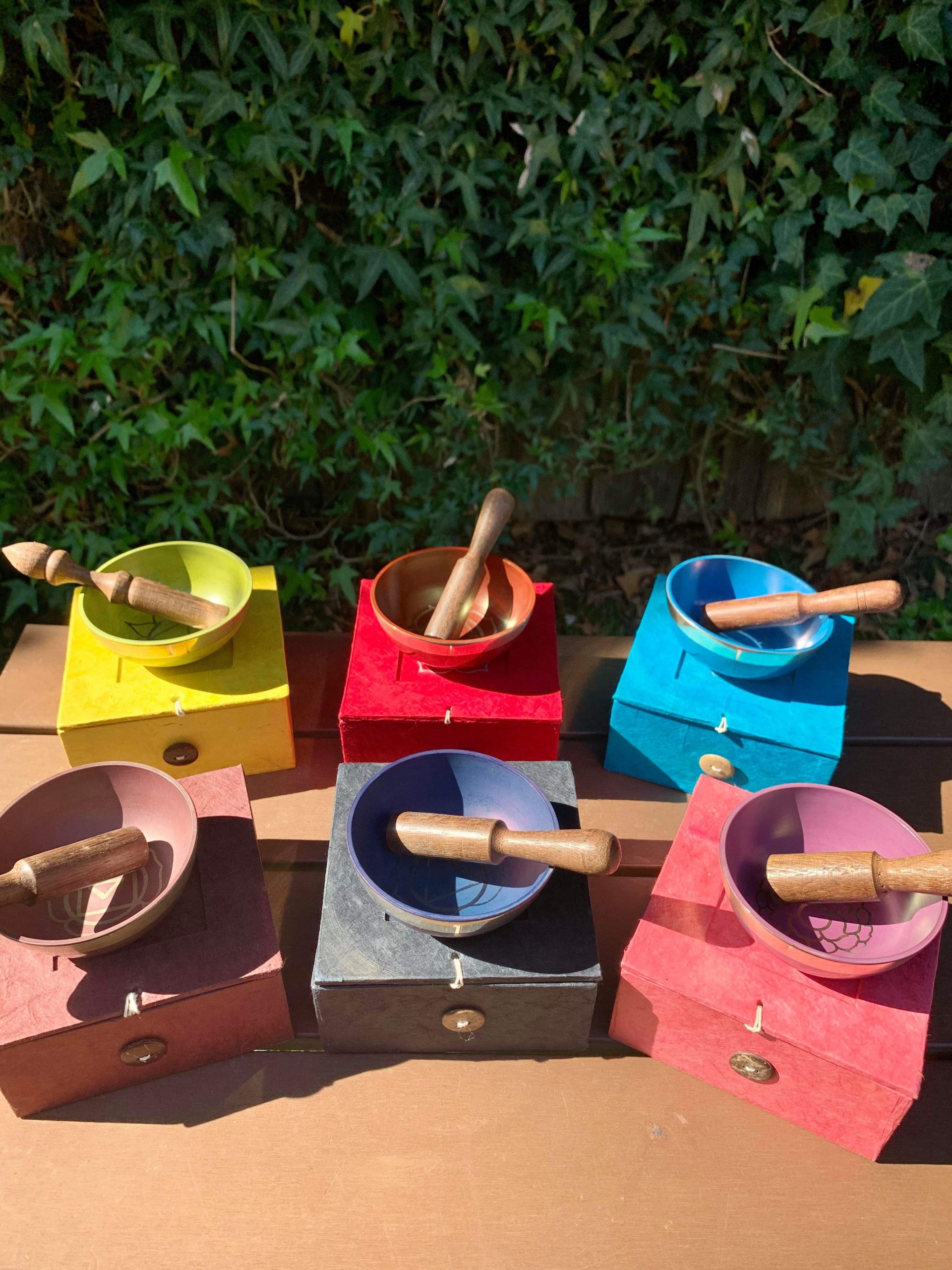 Chakra Singing Bowls: 7 Designs to Choose From (Set with Box, Cushion, & Wand)