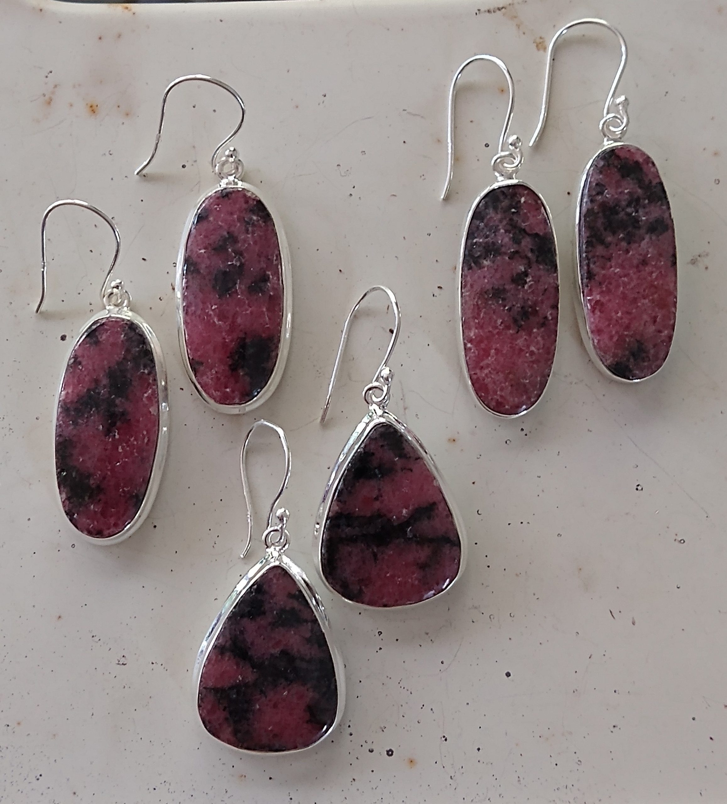 Earrings: Cut & Polished Rhodonite Set in 925 Sterling Silver