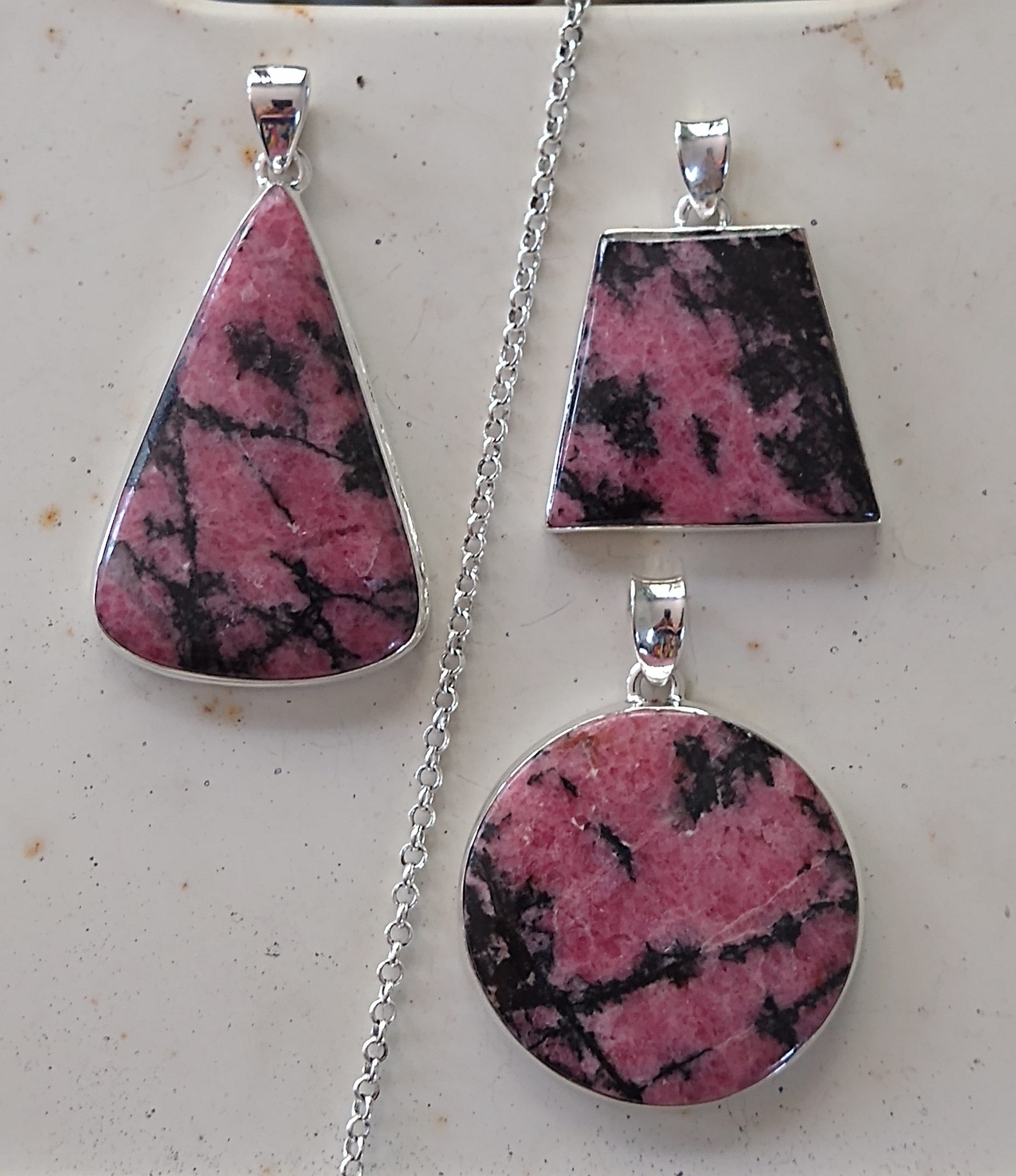 Pendants: Cut & Polished Rhodonite Set in 925 Sterling Silver
