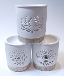 Alternative view of Ceramic Oil Burners: Two Piece- Separate wood look base. White top with cut-out designs