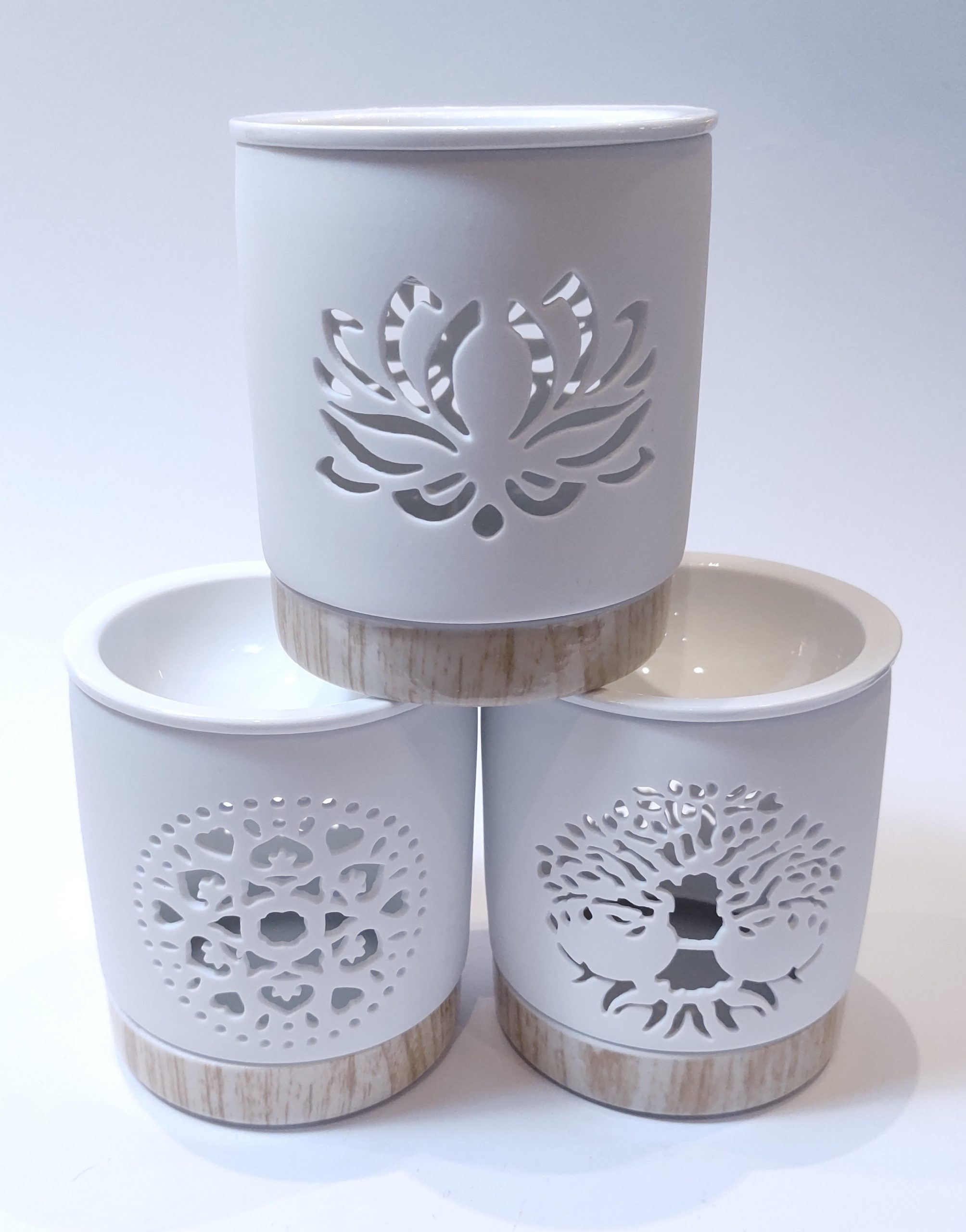 Ceramic Oil Burners: Two Piece- Separate wood look base. White top with cut-out designs - Image 2