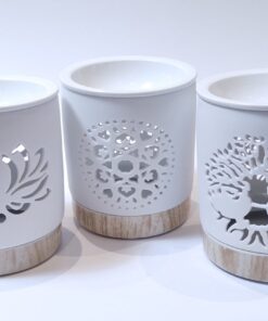 Ceramic Oil Burners: Two Piece- Separate wood look base. White top with cut-out designs