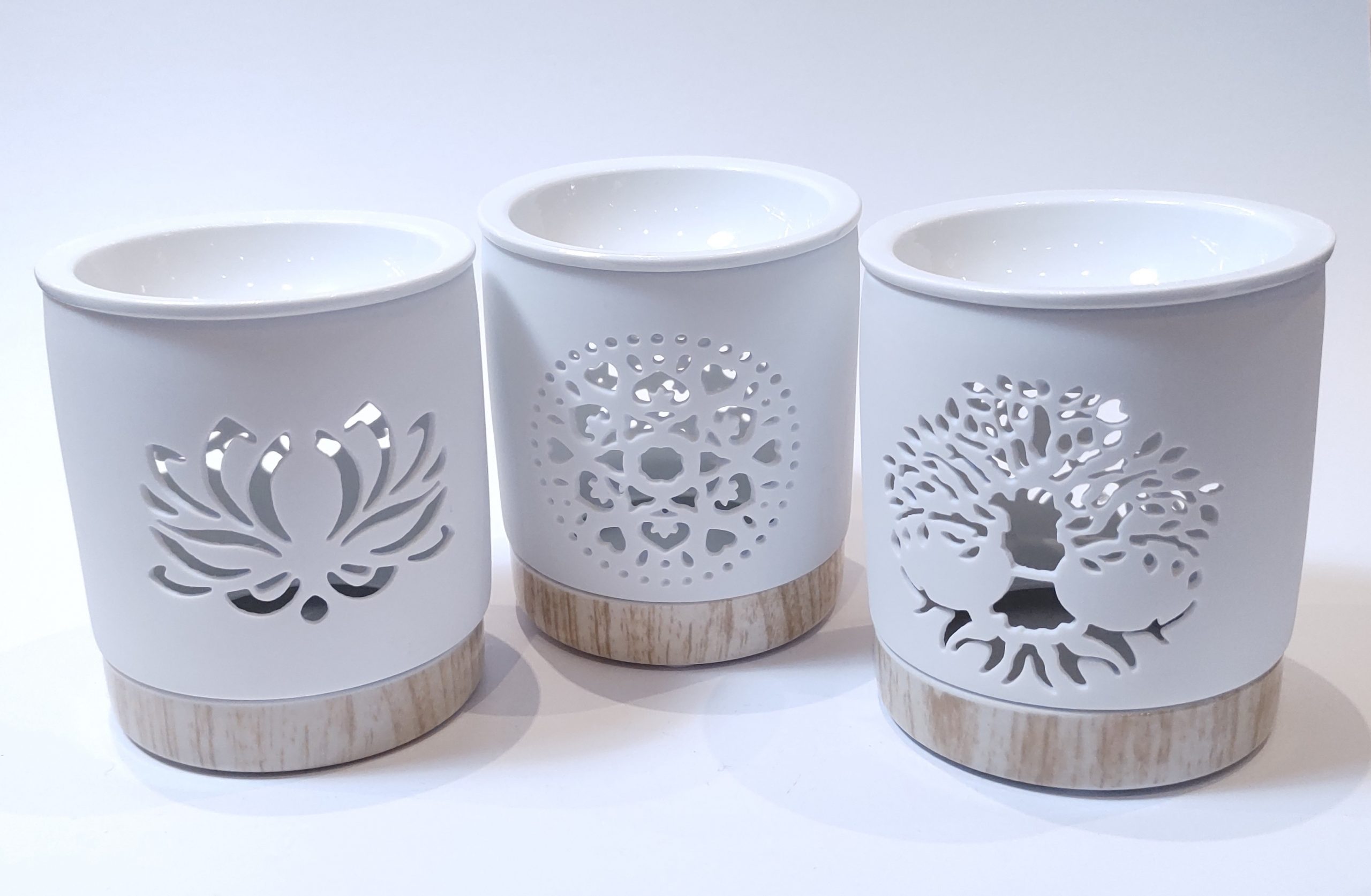 Ceramic Oil Burners: Two Piece- Separate wood look base. White top with cut-out designs