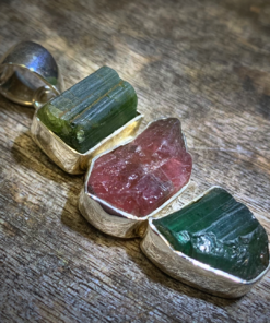 Pendant: Raw Watermelon & Green Tourmaline Crystals Set in 925 Sterling Silver