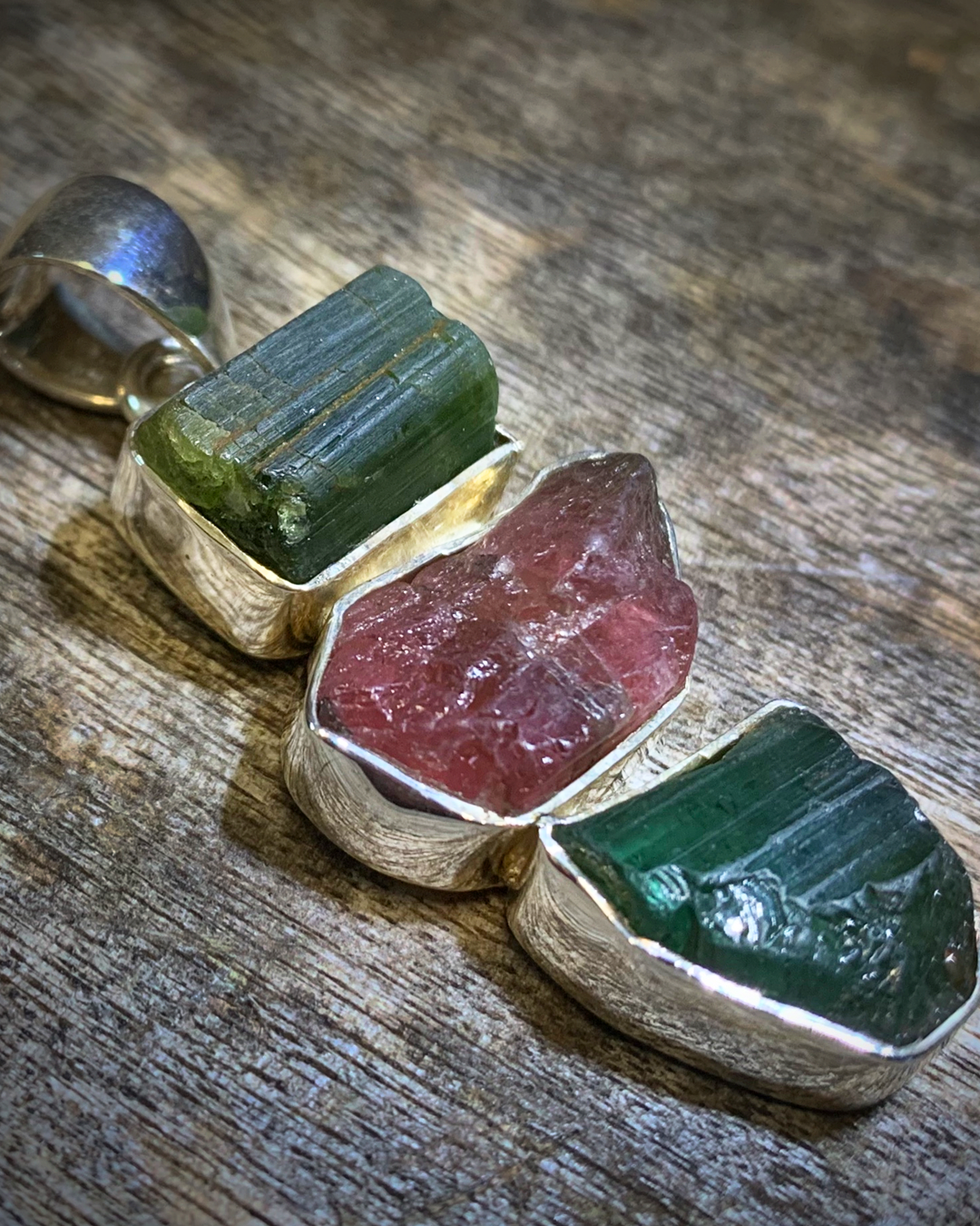 Pendant: Raw Watermelon & Green Tourmaline Crystals Set in 925 Sterling Silver