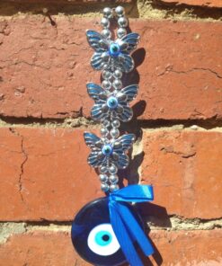 Evil Eye: Silver Beaded Ribbon Hanger with Butterfly Detail